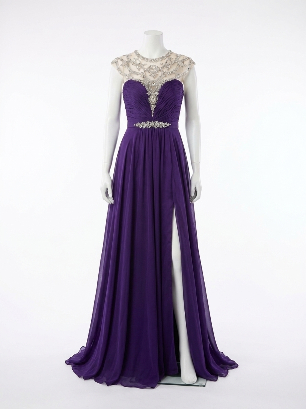 NEW MAC DUGGAL beaded illusion neck gown with overskirt in deep purple